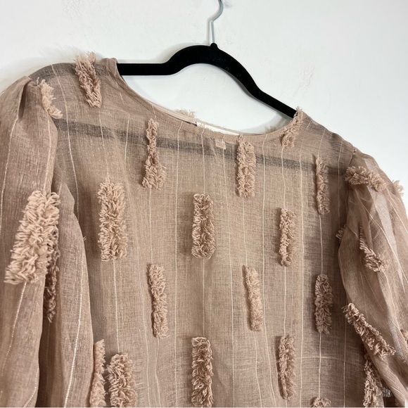 Taupe brown sheer statement puff sleeve pin stripe boxy oversized top M - Picture 7 of 14